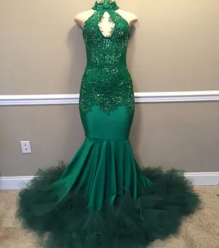 Елегантна зелена ключалка с високо деколте Африканска абитуриентска рокля за рожден ден 2024 Пайети дантела русалка дълга официална вечерна рокля роба De Soiree