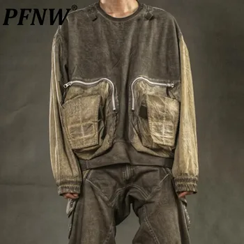PFNW Пролет Есен Мъжки Techwear Припокриващи се сафари стил Sweart мода триизмерен голям джоб торбести пуловери 12A9434