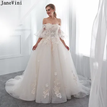 JaneVini Charming Light Champagne Tulle Дълги шаферски рокли за сватбени апликации Перли Линия Абитуриентски парти рокли Съд влак