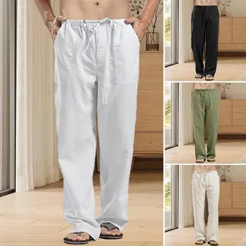 Мъжки плътен цвят случайни дълги панталони ластик шнур джобове прав широк крак тънък дишащ спортен панталон улично облекло