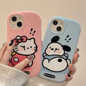 MINISO оригинален Hello Kitty Pochacco сладък прост IPhone15 двойка мобилен телефон случай Sanrio Girly сърце телефон защитен калъф