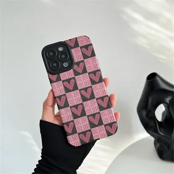 Ottwn Луксозен кариран розов малък любовен калъф за телефон за iPhone14 11 Pro XR XS Max 12 13 Mini 8 7 14 Plus удароустойчиви задни капаци