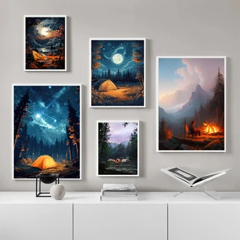 Forest Camping Bonfire Starry Sky Painting Canvas Poster Adventure Wall Pictures for Living Room Boy Bedroom Modern Home Decor