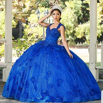ANGELSBRIDEP Кралско синьо Quinceanera рокли 15 годишен подпухнали 3D цвете дантела апликации мъниста принцеса рожден ден бални рокли NEW