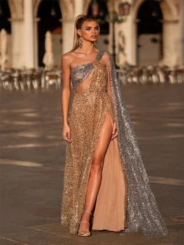 Обвивка/колона Елегантна дамска вечерна рокля с едно рамо без ръкави Дължина на пода Цвят Пайети Високи цепки парти рокли
