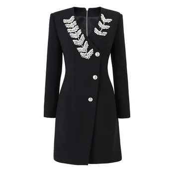 Кристали черни жени костюми Blazer 1 парчета яке женски пролетта офис дама бизнес работа износване мода момиче палто абитуриентски рокля
