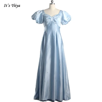 Вечерна рокля лъскава небесно синя сатенена перла мъниста къси буфан ръкави илюзия обратно A-линия плисе плюс размер горещи парти рокли A1584