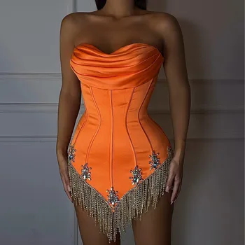 Кристали Обвивка Къса абитуриентска рокля Пискюли vestido de curo Оранжев драпиран секси мини дължина коктейлни рокли Скъпа
