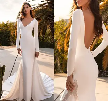 Реколта дълги ръкави русалка сватбени рокли 2023 V врата без гръб страна илюзия мъниста булчински рокли Vestido De Noiva