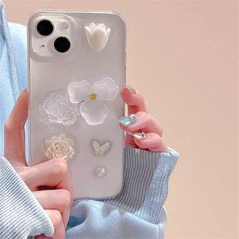 Glitter 3D розово лале цвете телефон случай за iphone 14 13 12 11 Pro XS Max X XR 7 8 плюс SE корейски кристал епоксидна ясно мека корица