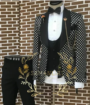 Модни мъжки костюми Slim Fit Polka Dots Яке + Жилетка + Панталони 3 броя Официален младоженец парти костюми Blazer Сватба смокинги комплекти