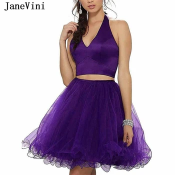 JaneVini 2019 Лилаво 2 Peice къс тюл Homecoming рокля линия оглавник без ръкави плюс размер мини дипломирането рокли за юноши
