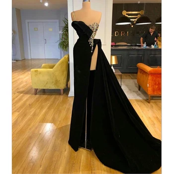 Мода черно кадифе вечерна рокля елегантен v-образно деколте без ръкави кристал пайети рокли етаж дължина съд влак бала парти рокля