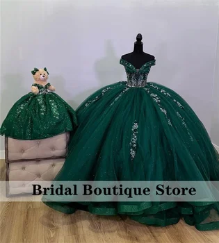 Изумрудено зелена принцеса Quinceanera рокли 2024 дантела апликация мъниста топка рокля от рамото 16-ти рожден ден Абитуриентски бал Vestido