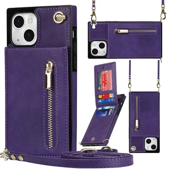 Crossbody Zipper Wallet с картодържач Калъф за телефон за IPhone 13 12 Mini 15 14 11 Pro Max XS X XR 7 8 Plus кожен капак
