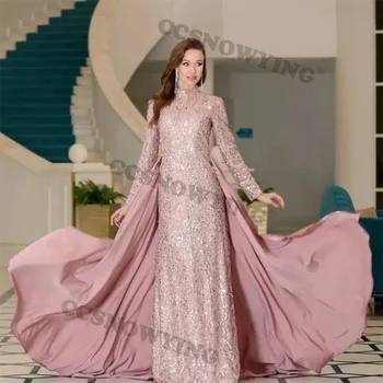  Мюсюлманска вечерна рокля с дълъг ръкав Сатенени апликации Мъниста ислямски хиджаб Абитуриентски бал Официална парти рокля Арабски Дубай Дамски халати De Soirée