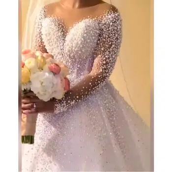 Луксозни перли топка рокля сватбени рокли дълъг ръкав V врата тежка перла мъниста сватбена рокля булчински рокля Vestidos de Novia