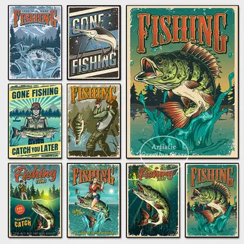 Реколта риболовни турове плакат за отпечатъци платно живопис стена картини за хол кафене стая декор риболов ентусиаст подаръци