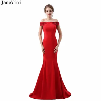 JaneVini Грациозни червени дълги шаферски рокли русалка без ръкави лодка врата ръчно изработени цветя сатен почистване влак официални абитуриентски рокли