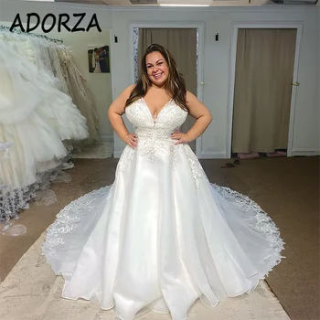 ADORZA Плюс размер сватбена рокля дантела апликации сатен булчинска рокля спагети презрамки гръб съд влак vestido де noiva за булка