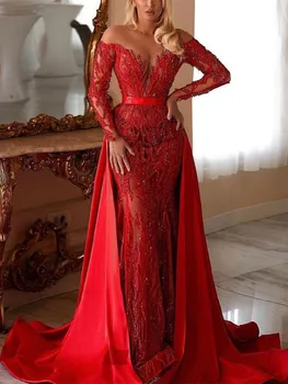 Червени луксозни вечерни рокли V деколте дълги ръкави пайети 3D дантела сатен подвижен влак мъниста апликации апликации абитуриентски рокли по поръчка