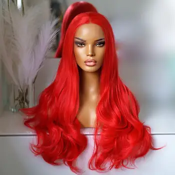червен цвят на тялото вълна лепило синтетична коса дантела фронт перука за черни жени висока температура влакна Cosplay
