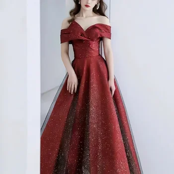 лодка врата червена вечерна рокля за жени елегантен блясък официални сватбени рокли сладък есен бала рокля vestidos de noche