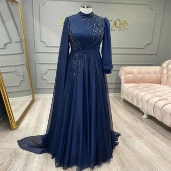 2024 Тъмносин шифон мюсюлмански вечерни рокли Jewel Neck Beaded A Line Официална рокля Pleat Kaftan Abenkeider فساتين مناسبة رسمية