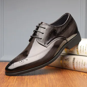 2023 Имитация метална тел Drawin Wingtip Оксфорд обувки сив кожа Brogue мъжка рокля обувки бизнес официални обувки за мъже
