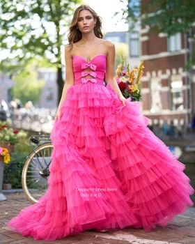 Doymeny Bow Sweetheart Tiered Tulle Prom Dresses Sleeveless A-line Sweep Evening Dresses Party Gowns فساتين السهرة