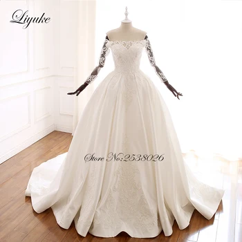 Liyuke красива дантела A-линия сватбени рокли с разстояние на рамото ръкав бутон затваряне сватбена рокля