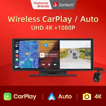 Junsun Dash Cam Камера за обратно виждане Wifi Carplay & Android Auto 4K DVR GPS навигационен видеорекордер Табло за управление Dual Len 24H Park AUX