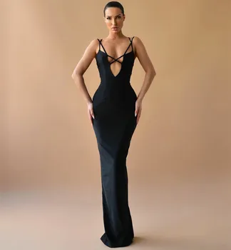 Реколта дълго черно v-образно деколте сатен вечерни рокли обвивка спагети етаж дължина официална парти рокля за жени