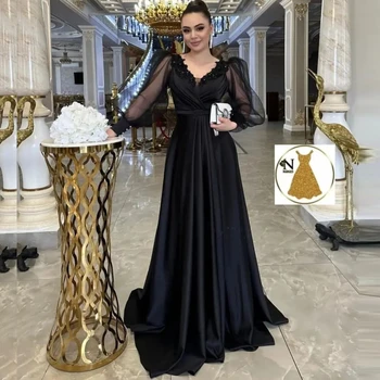 OIMG арабски елегантен черен абитуриентски макси рокли v-образно деколте бутер ръкави мъниста дълго сатен ruched вечерни рокли официална парти рокля