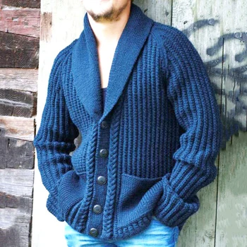 Мъжки есен зима плътен цвят ретро ревера дълъг ръкав пуловер безполово хлабав случайни удебелени дебела плетка пуловер Унисекс