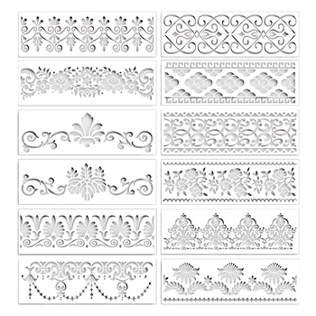12Pcs цветни гранични шаблони мандала шаблони за рисуване за многократна употреба за шаблони за занаятчийски майстори, 12 X 3.9 инча