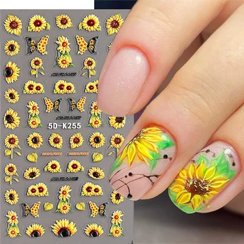 Слънчогледи 5D релефни стикери за нокти есенна декорация Butterlfy нокти лепенки маргаритка цветя плъзгачи маникюр татуировки LEB5D-K255