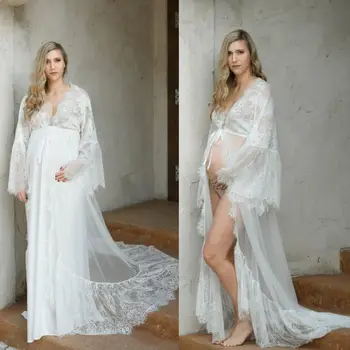 Майчинство сватбени рокли секси V врата дълги ръкави дантелени халати халат по поръчка виждат чрез почистване влак майчинство халати