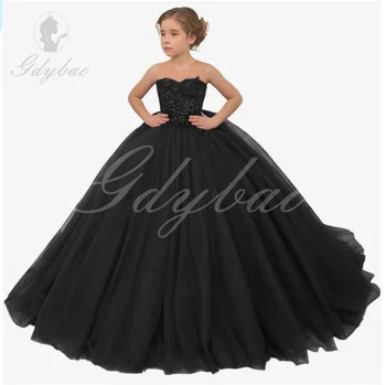 Black Kigretn момиче тюл цвете момиче рокля за сватбена дантела апликация конкурсни рокли принцеса парти бални рокли