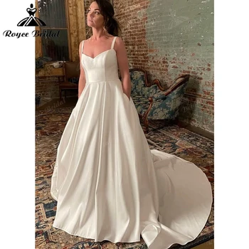 Плюс размер проста спагети каишка сватбена рокля с джобове слонова кост булчински рокля булчински рокля сатенени рокли-сватба-гост вестидо