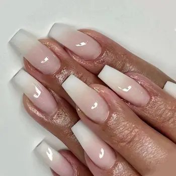 24pcs Маникюр DIY преса върху ноктите пълно покритие фалшиви нокти дълго френски градиент розов бял балерина