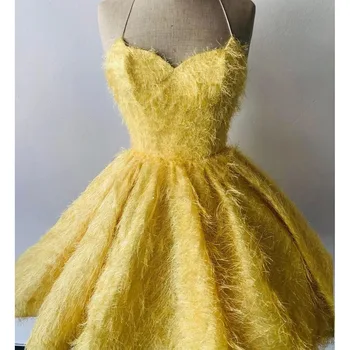 Жълти коктейлни рокли Скъпа без ръкави спагети каишка A-line мини пола нощен клуб секси абитуриентски рокля роба де soirée femme