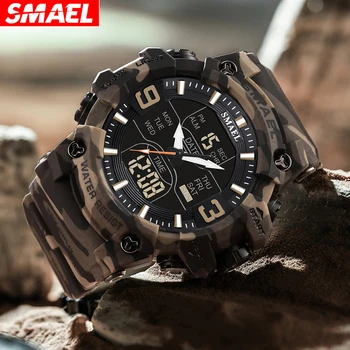 SMAEL часовник за мъже аларма спорт хронометър камуфлаж армия военни ръчен часовник двойно време дисплей цифрови кварц мъжки часовници 8049