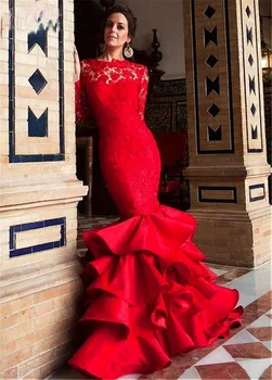 Нова червена абитуриентска рокля О-образно деколте разрошена разрошена Влак русалка Официална рокля Дълги ръкави дантелена роба от соаре Рокля за сватбено парти