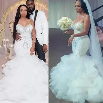 Русалка рокли Скъпа кристални перли мъниста бродерия разрошени пластове нигерийски булчински сватбени рокли 2023