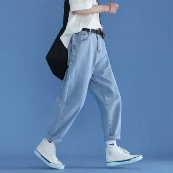 Светло сини дънки Мъжки летни тънки корейски стил хлабав глезена вързани прави ежедневни панталони модерни момчета изрязани панталони