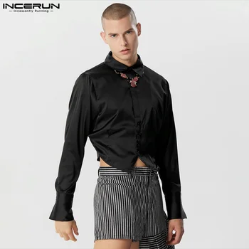 Стилен добре прилепнали върхове INCERUN красив мъжки Batwed ръкав изрязани дизайн ризи твърди сатен дълъг ръкав ревера блуза S-5XL