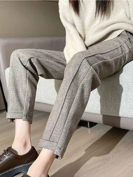 Жените елегантни прави панталони хлабав причинно-следствена туид висока талия изрязани панталони зимата топла мода Англия стил офис дама панталони