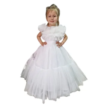 Бяло цвете момиче рокли за сватба бутер ръкав етаж дължина конкурс първо причастие рокля малки деца плисирани тюл парти рокли