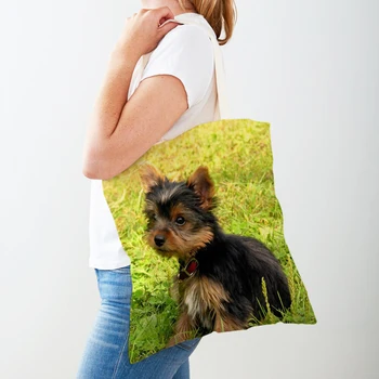 MINI Yorkshire печат жени пазарски чанти двете едностранно сладък животински куче голяма пазарска чанта за многократна употреба платно случайни дама купувач чанта
